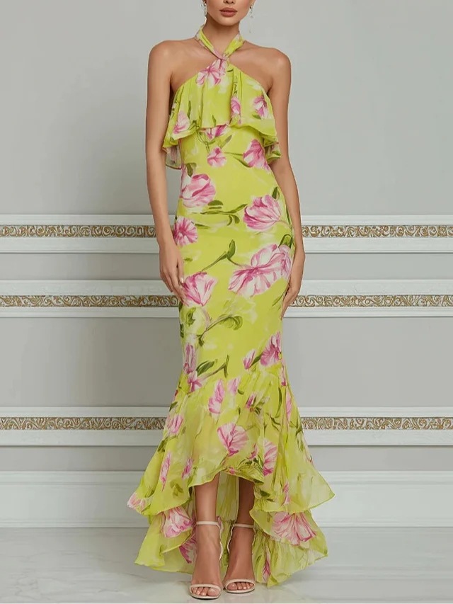 Halter Neck Floral Ruffle Maxi Dress Slimming Asymmetric Vacation Dress