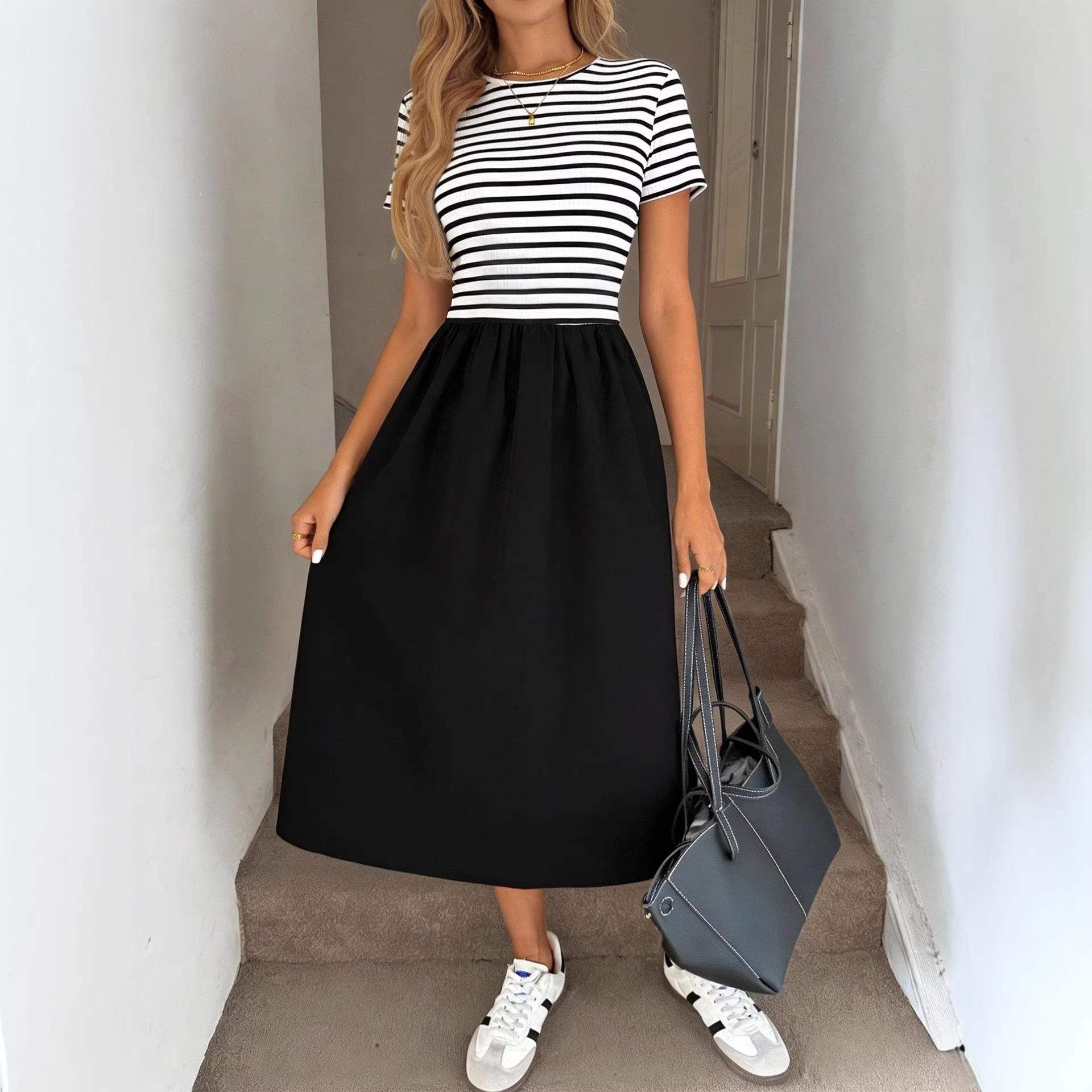 Retro Crewneck High-Waist Ruched Colorblock Striped Tank Dress