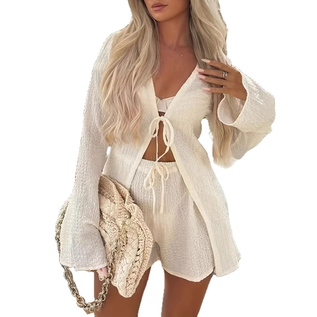 Women's Tie-Front Cardigan and Shorts Set Long Sleeve Casual Two-Piece