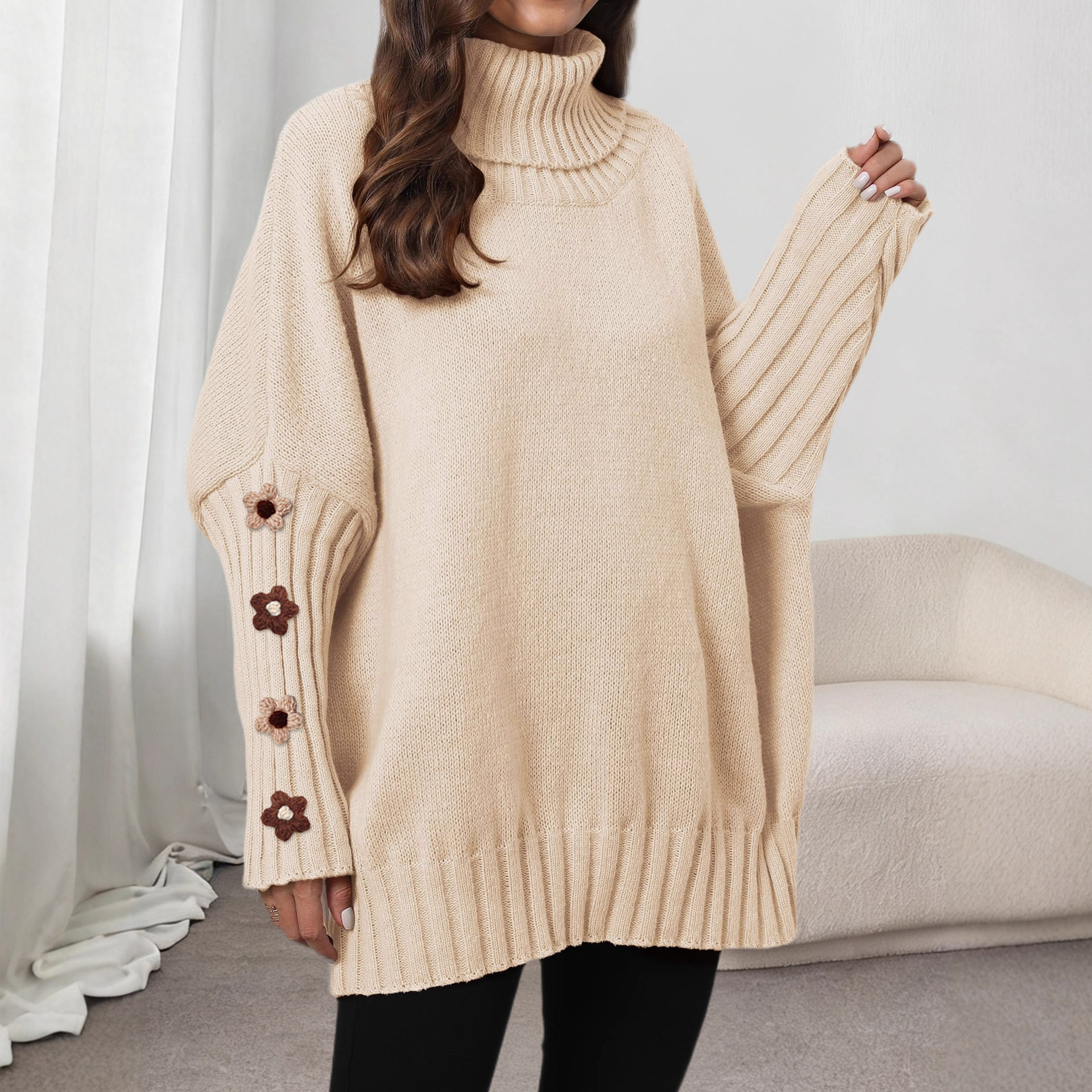 Women's Knit Turtleneck Sweater Solid Color Loose Fit Pullover Top
