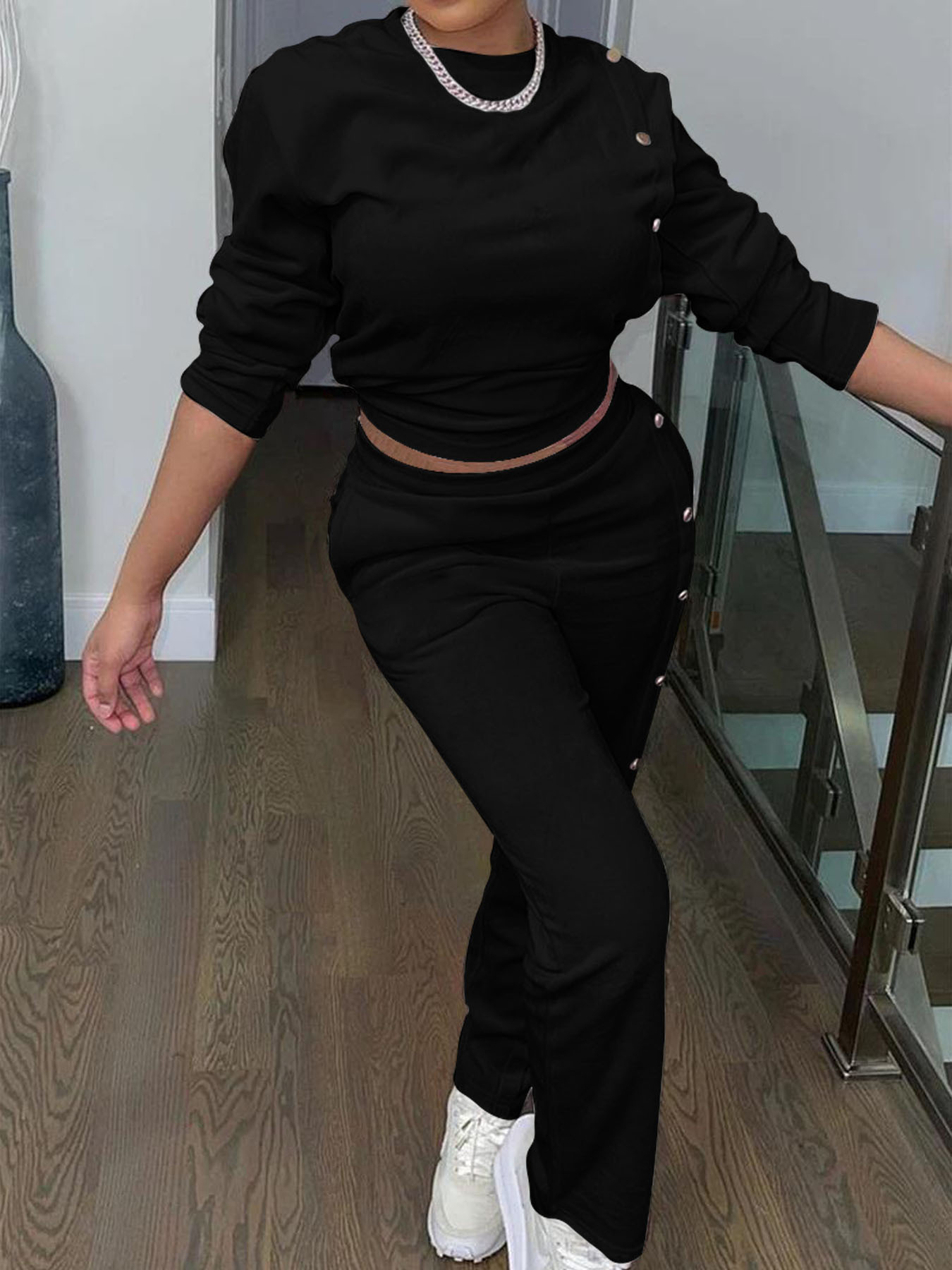 Side Button Two-Piece Sweatsuit Long Sleeve Top & Pants Casual Set