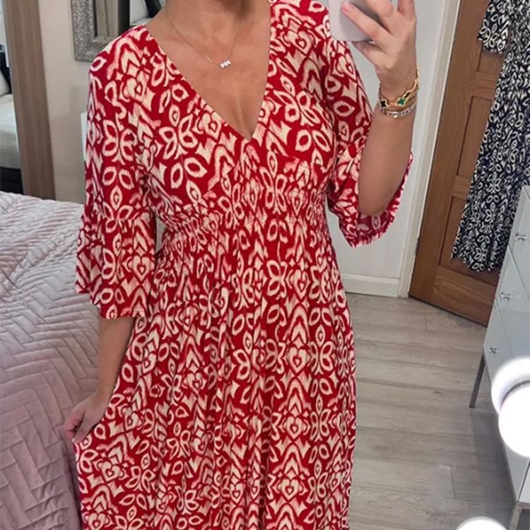 Women's V-Neck Floral Print Loose Long Beach Dress