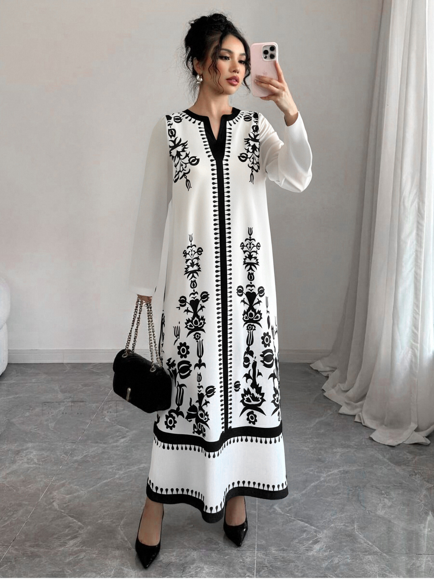 High-Saturation Colorblock Print Long Dress Loose Flattering A-Line V-Neck
