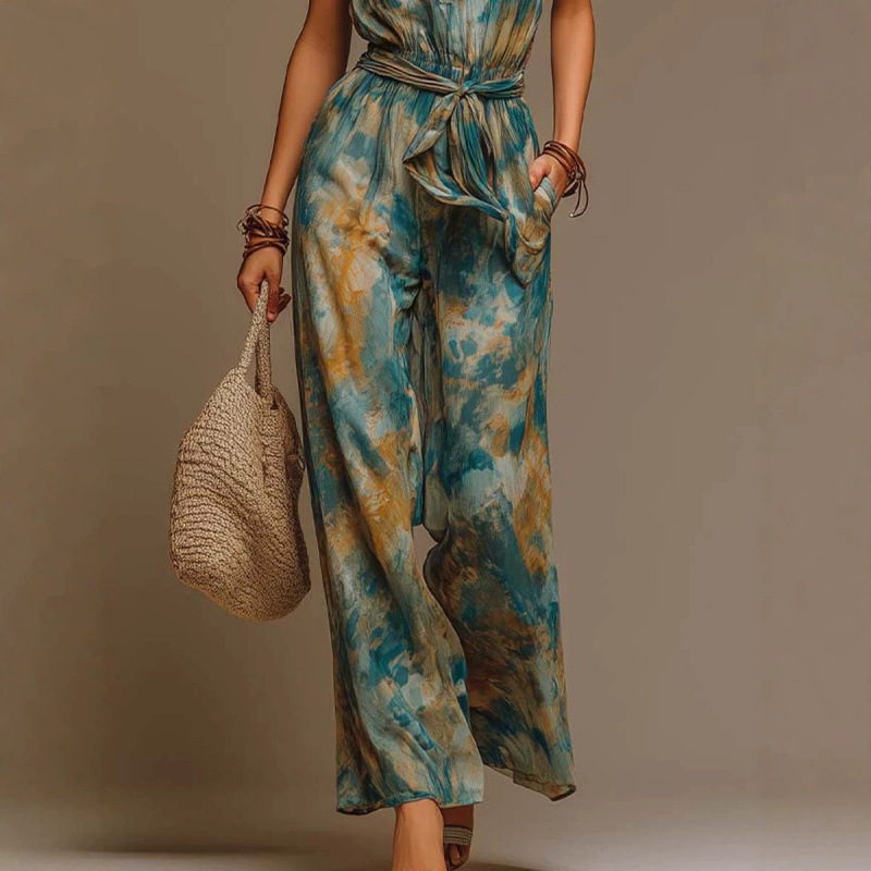 Women's Sleeveless Printed Jumpsuit with Straight-Leg Pants