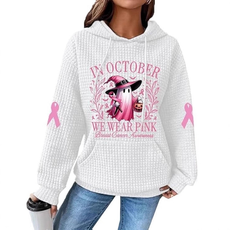 Women's Waffle Knit Hoodie with Cute Cartoon Ghost Print