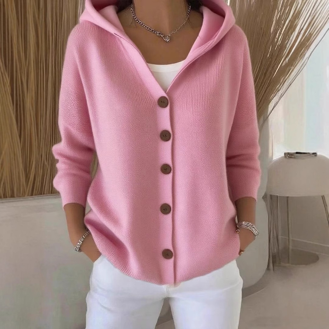 Women's Casual Loose Solid Color Long Sleeve Hooded Cardigan Knit Sweatshirt Jacket