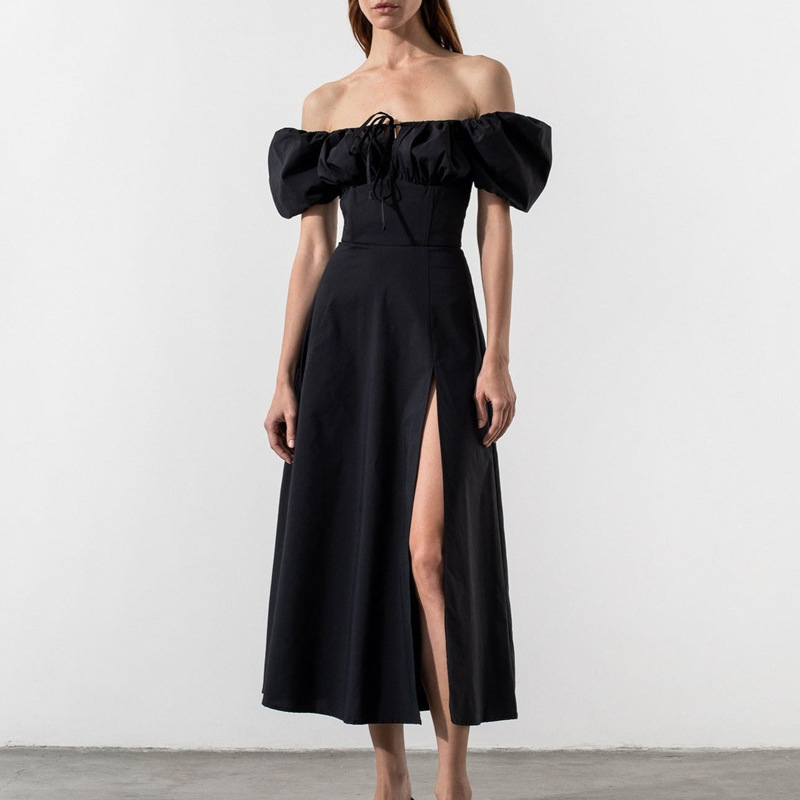 Elegant Solid Color Puff Sleeve Slit Dress for Commuting