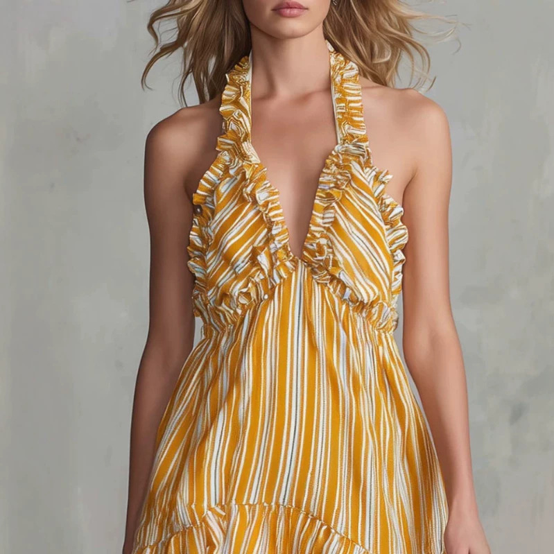 Retro Off-Shoulder V-Neck Striped Chiffon Mini Dress