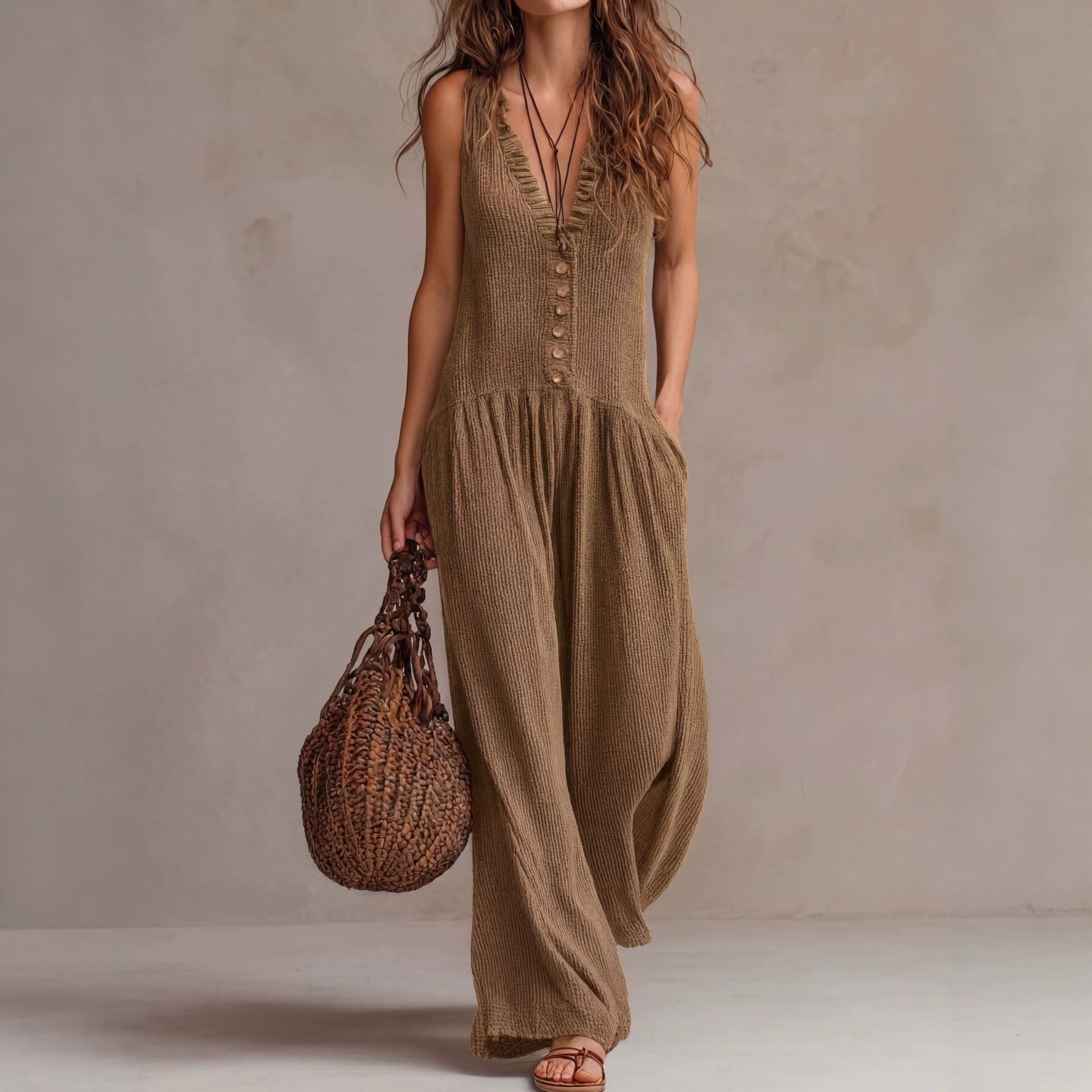 Women's Loose Boho V-Neck Wide-Leg Jumpsuit