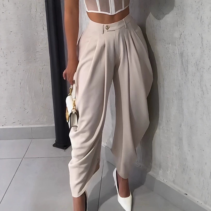 High-Waist Asymmetric Twist Pleated Harem Pants