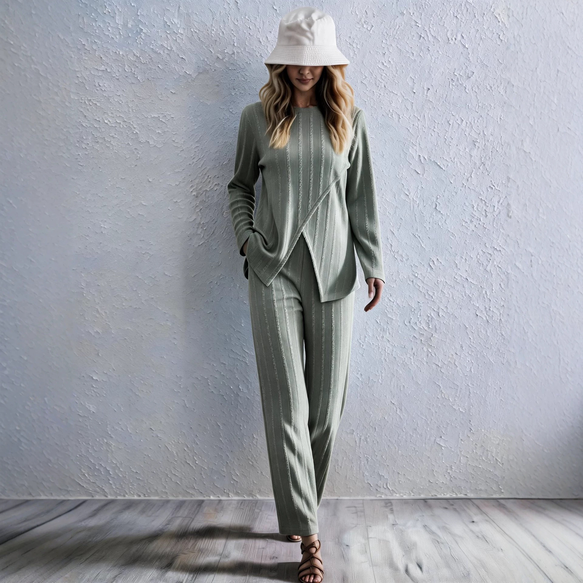 Women's Ribbed Cross-Front Long Sleeve Top & Wide-Leg Pants Set