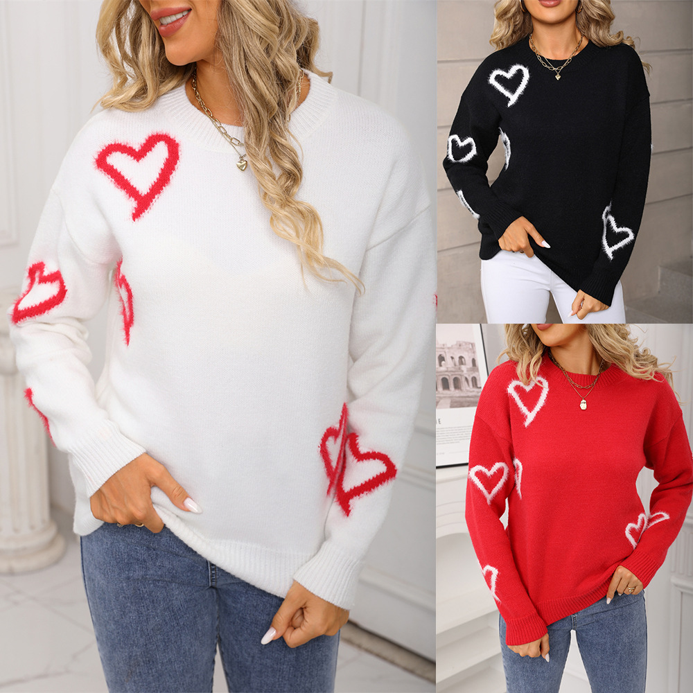 Heart Pattern Crewneck Pullover Sweater Plus Size Knit Top