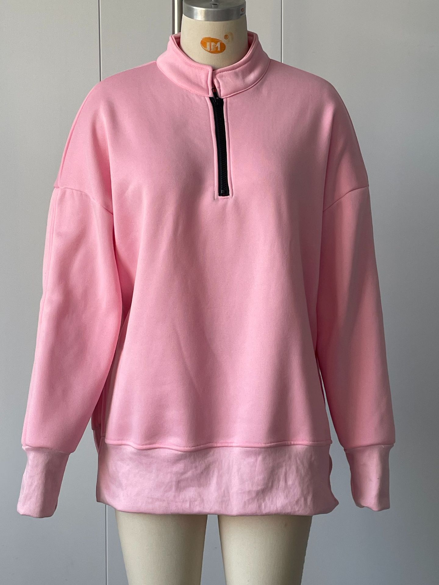 Side Slit Half-Zip Collared Solid Color Pullover Sweatshirt for Women