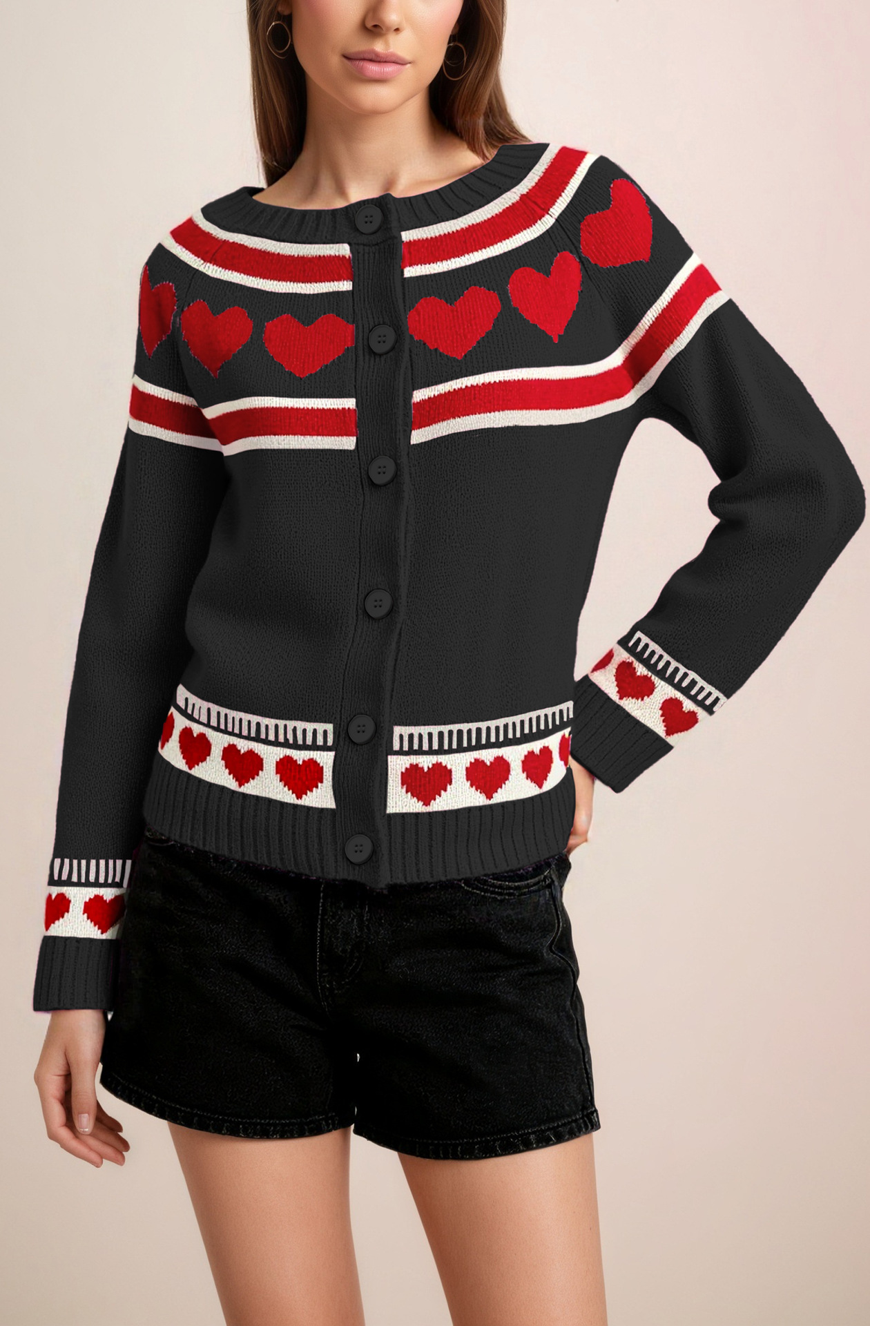 Retro Heart Pattern Knit Cardigan with Round Neck and Buttons, Loose Fit