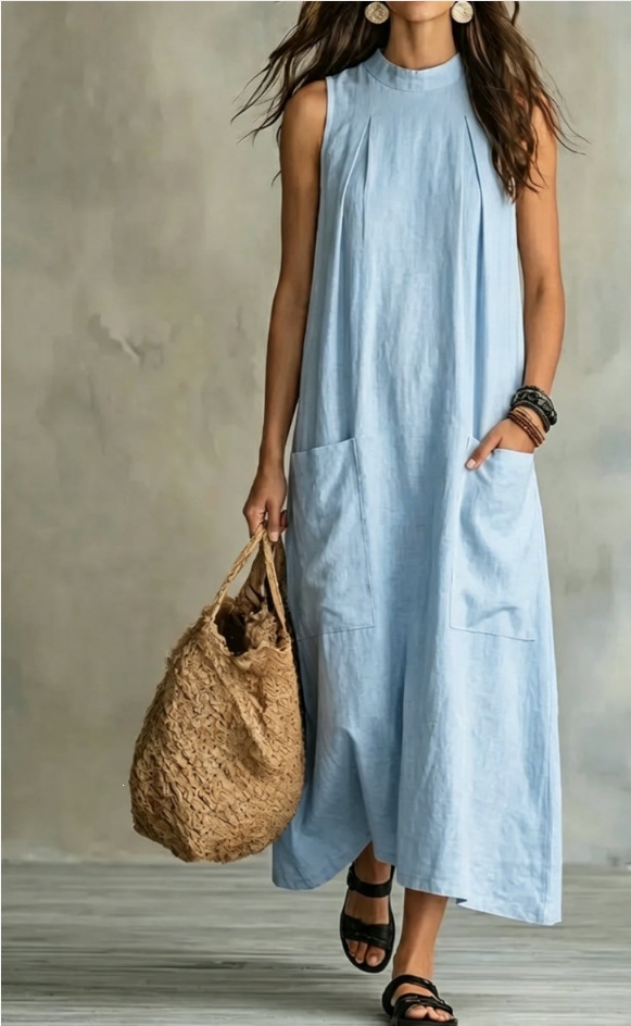 Retro Cotton-Linen Sleeveless Maxi Dress Solid Loose Flowy