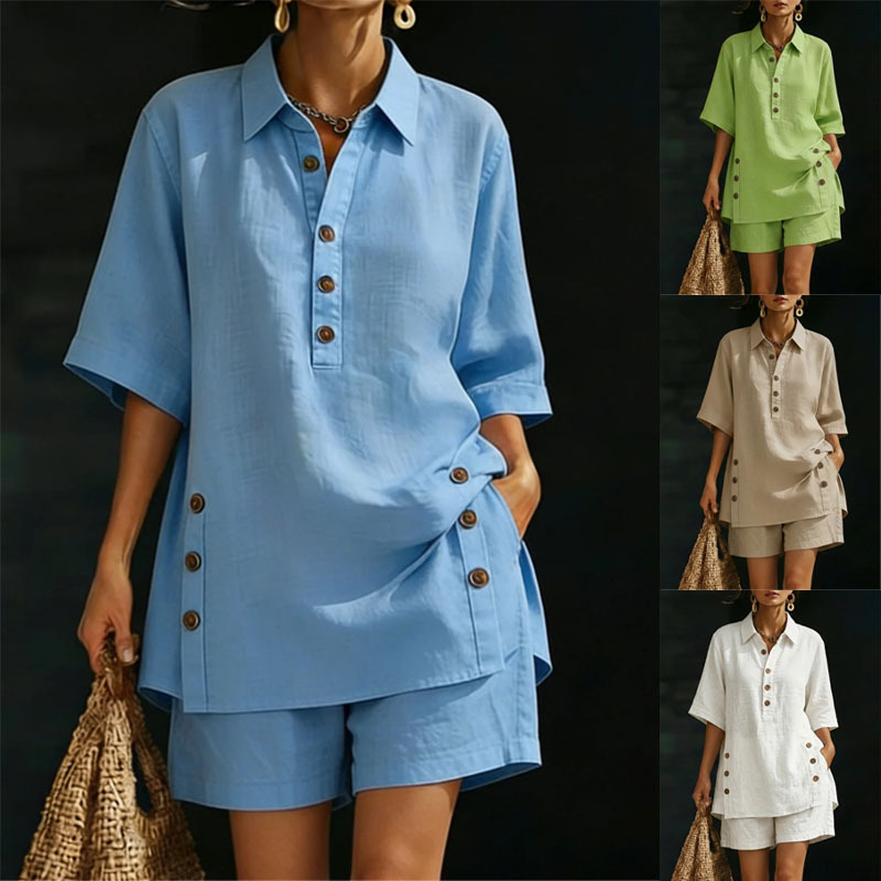 Women's Summer Solid Color Button-Down Shirt and Shorts Set Casual Loose Two-Piece