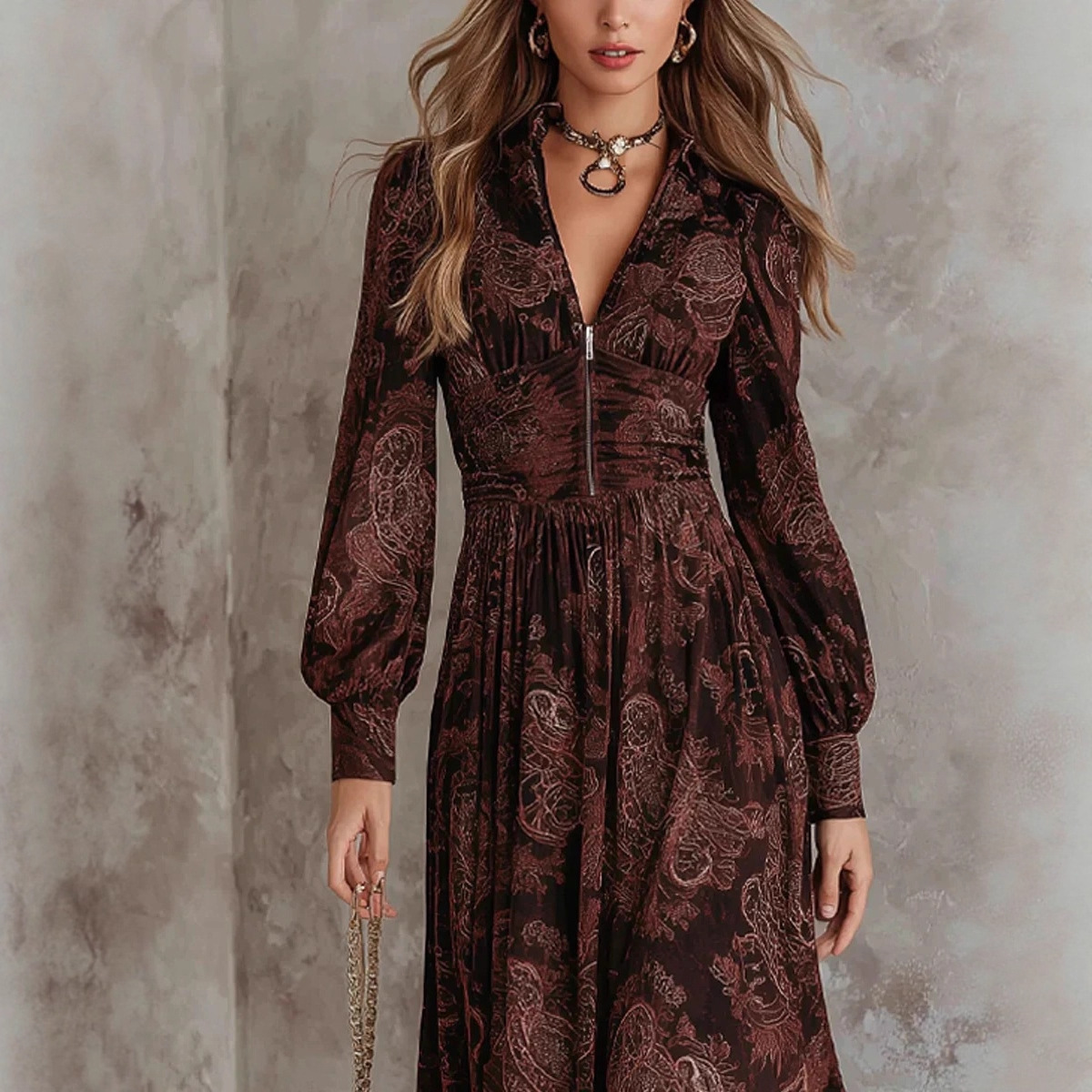 Women's Digital Print Pleated V-Neck Long Dress with Zip Waist
