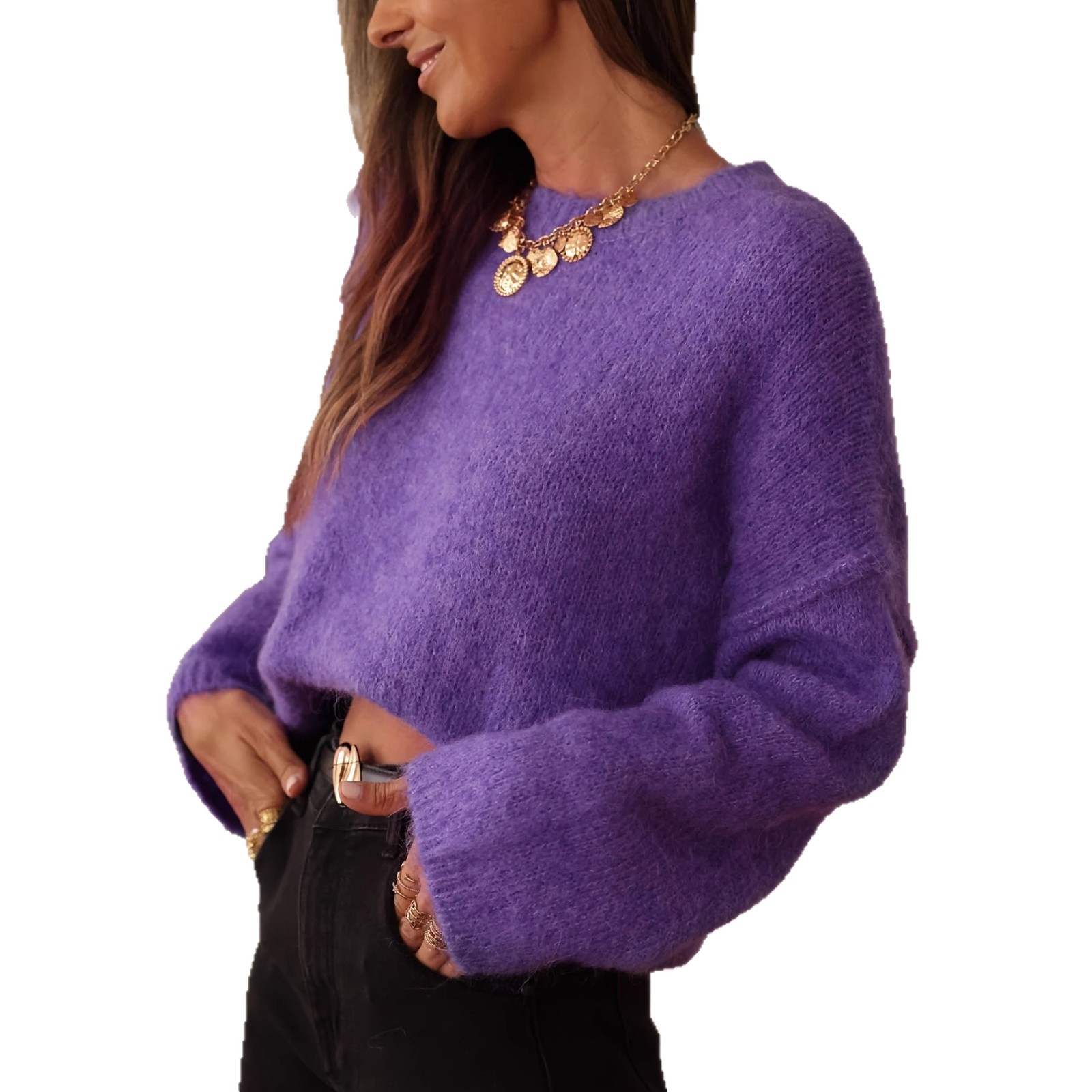 Women's Ribbed Knit Pullover Sweater Relaxed Fit Crew Neck