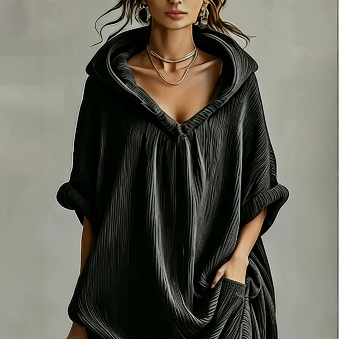 Dark Textured Pleated Hooded Sweatshirt Dress Slit Loose Midi