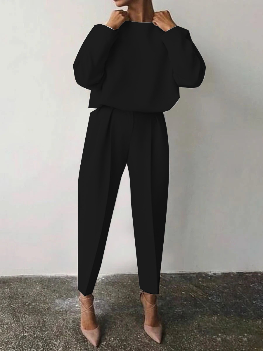 Women's Solid Color Long Sleeve Casual Two-Piece Pants Set