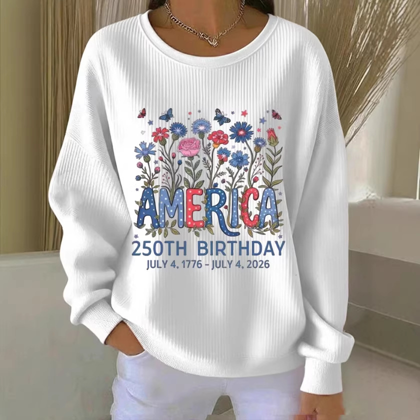Women's Crewneck Sweatshirt with American Letter Star Flower Print