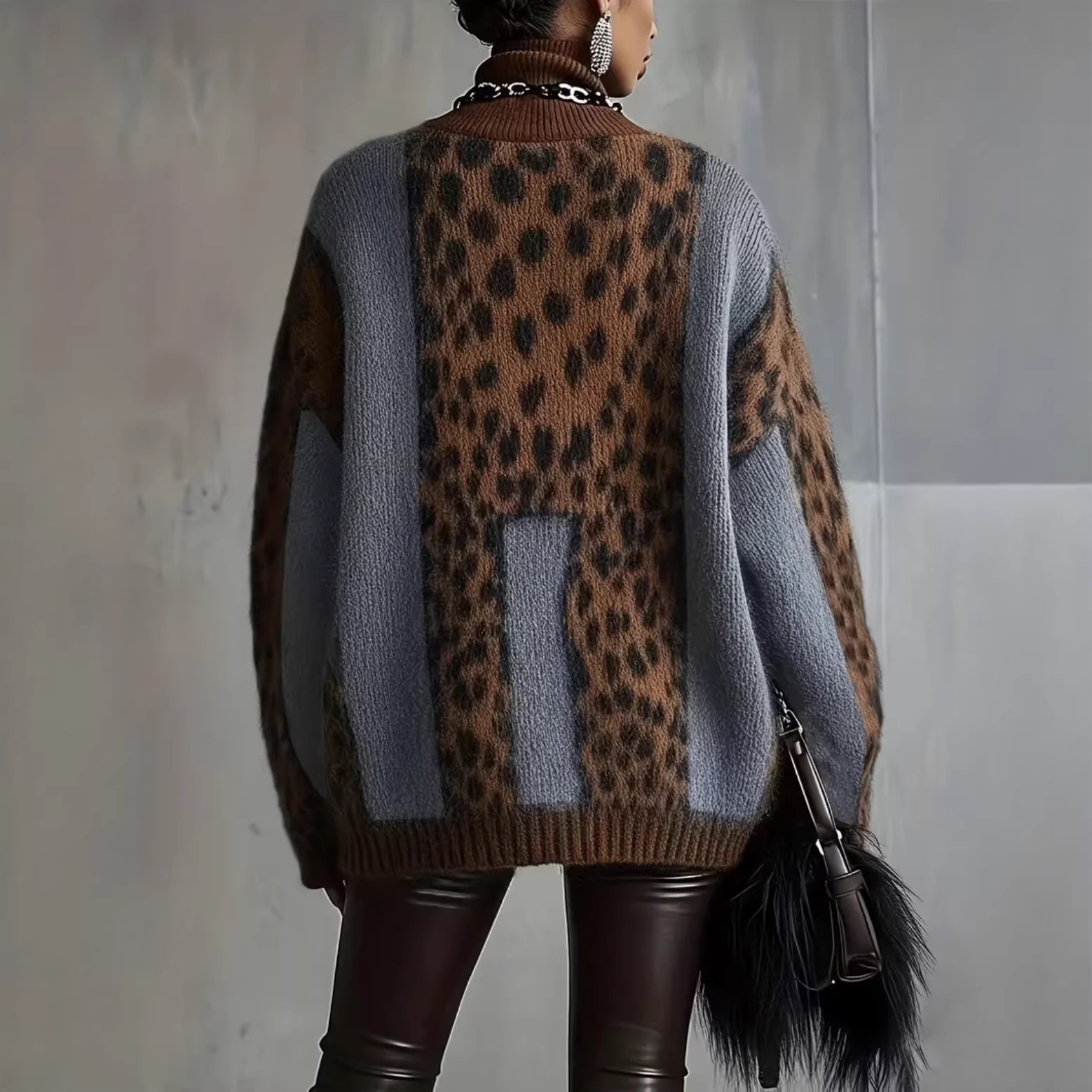 Leopard Print Knit Sweater Women's Loose High Neck Pullover