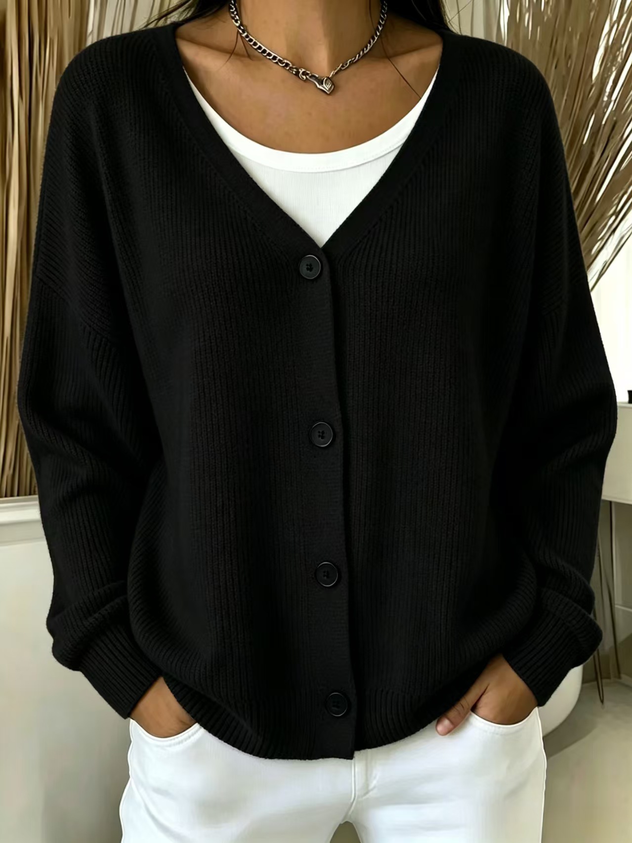 V-Neck Button-Up Knit Cardigan