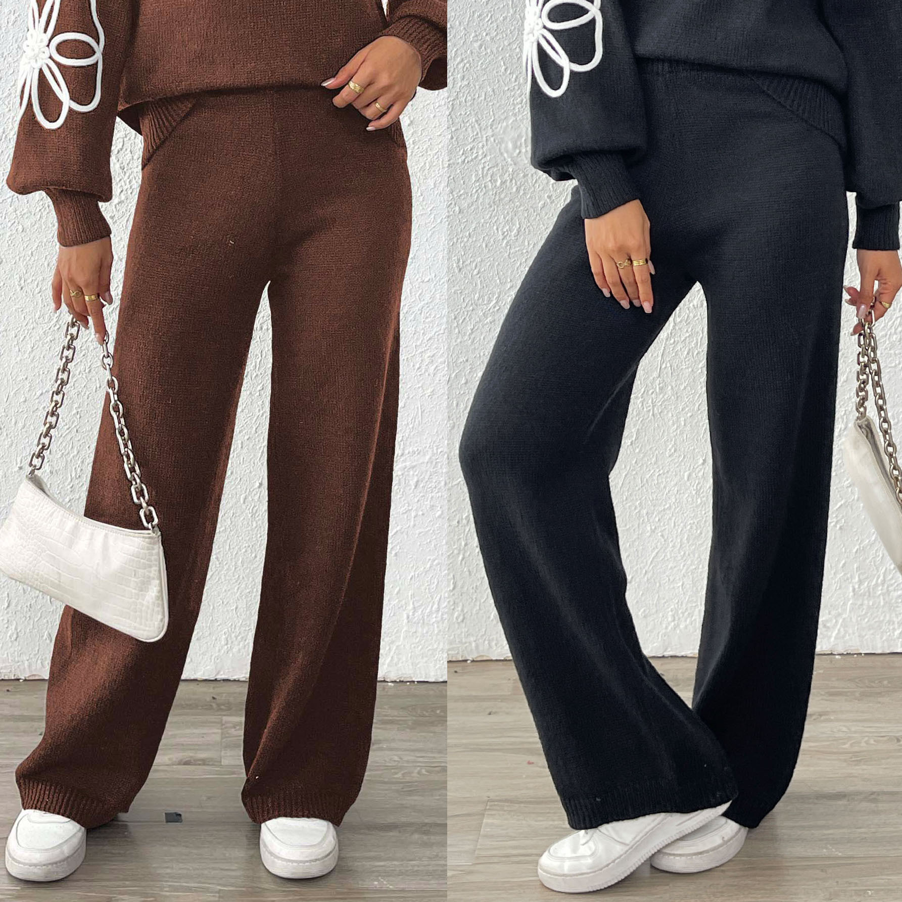 Women's High-Waist Straight-Leg Wide-Leg Knit Pants