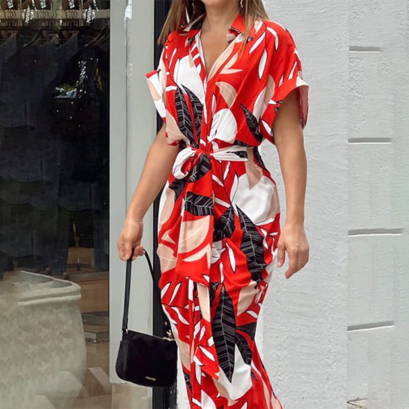 Women's Printed Collared High-Waist Shirt Dress