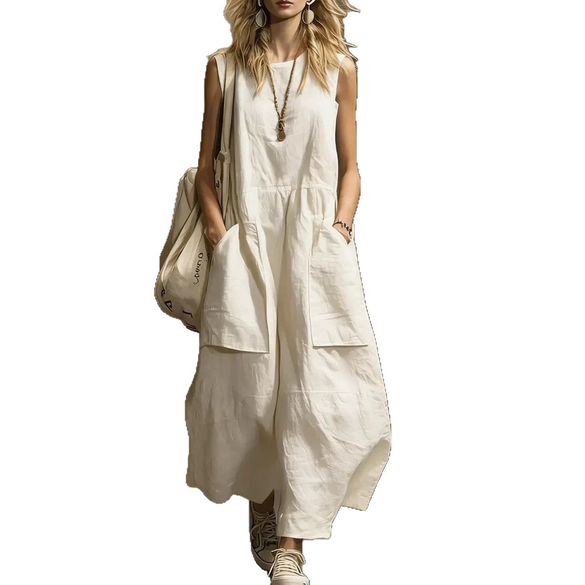 Women's Sleeveless Cotton-Linen A-Line Dress with Pockets