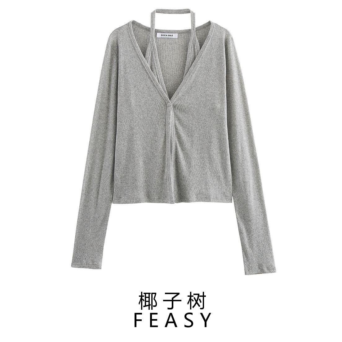 V-Neck Single-Breasted Halter Long-Sleeve Knit Top