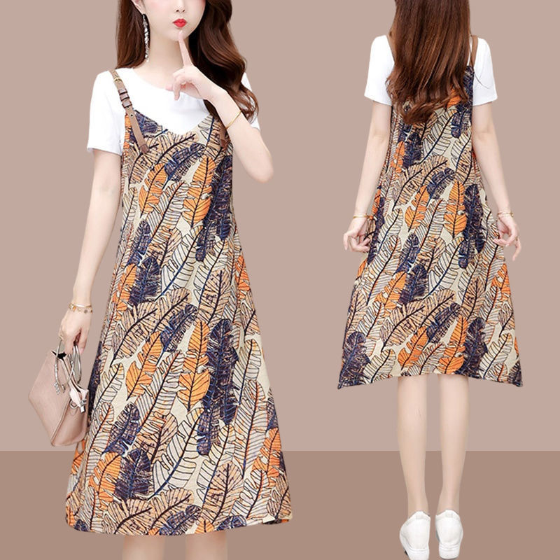 Plus Size Women's Summer Short Sleeve A-Line Dress with Faux Two-Piece Color Block Print