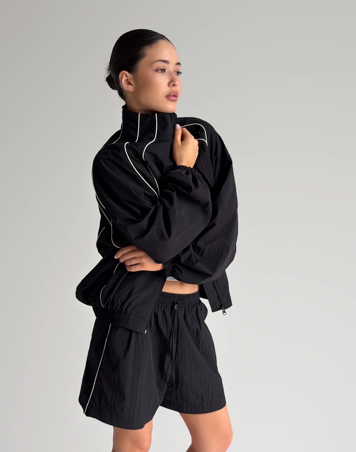 Color-Block Striped Zip-Up Track Jacket and Shorts Set