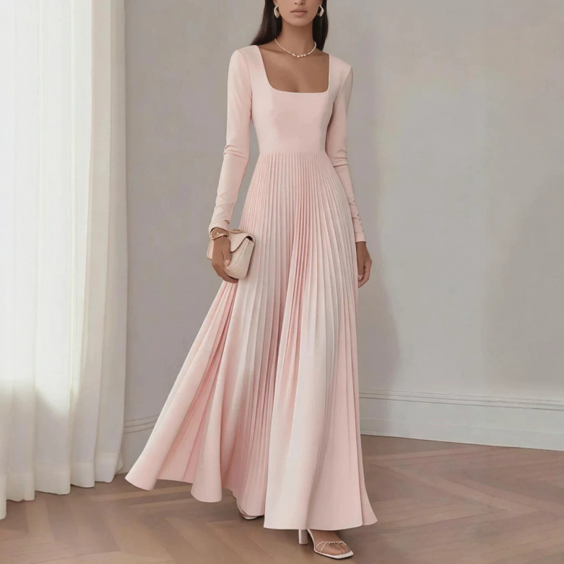Square Neck Long Sleeve Pleated Maxi Dress Waist-Cinched Evening Gown