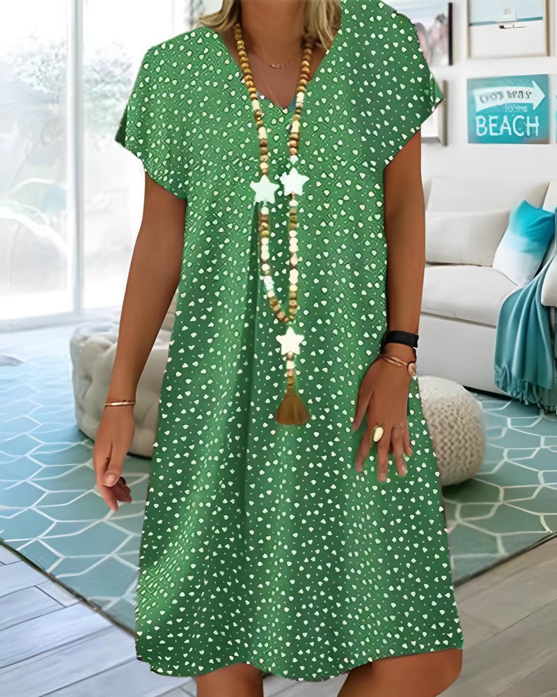 Casual V-Neck Short Sleeve Polka Dot Heart Print Midi Dress