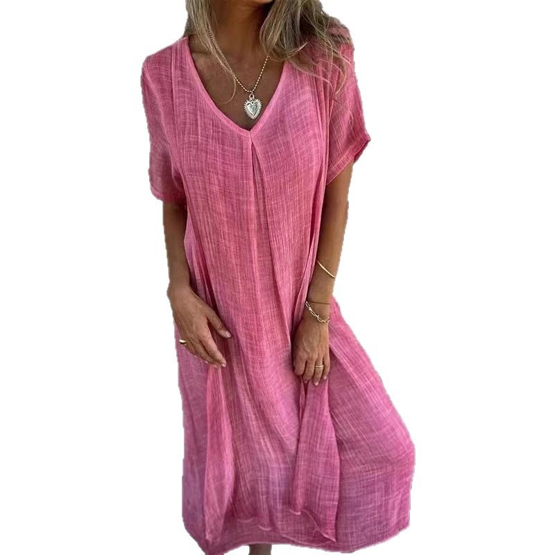 Cotton-Linen V-Neck Semi-Formal Dress