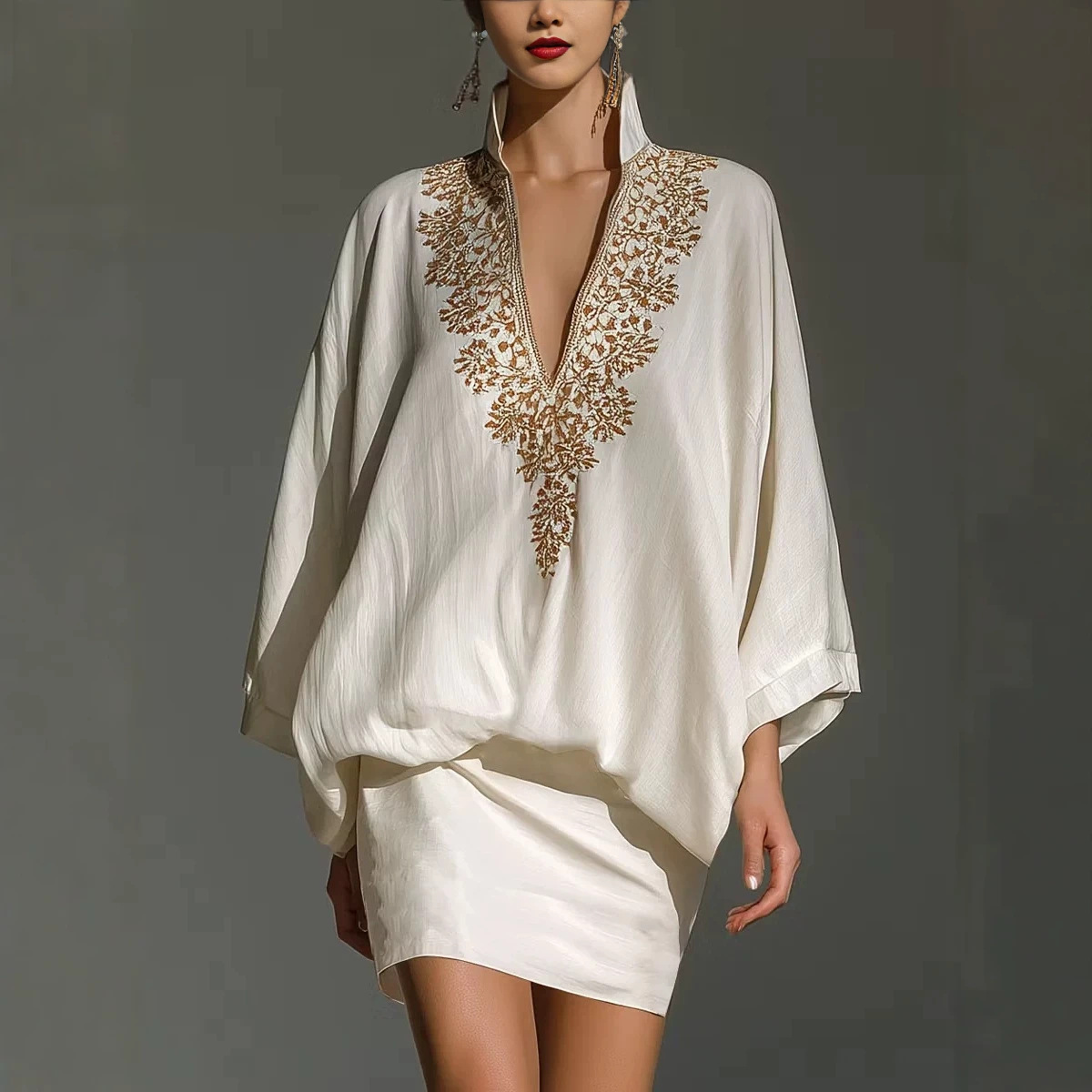 Vintage Gold Embroidered Stand Collar Batwing Sleeve Two-Piece Satin Mini Skirt Set