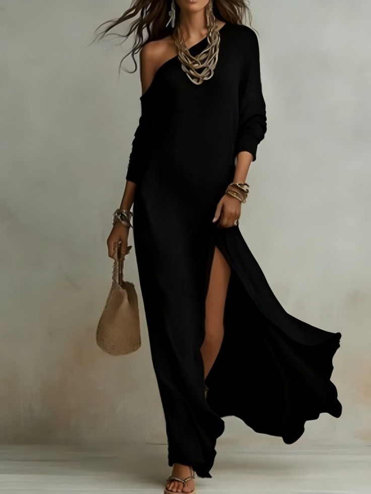 Elegant Long Sleeve Knit Pleated Slit Sweater Dress