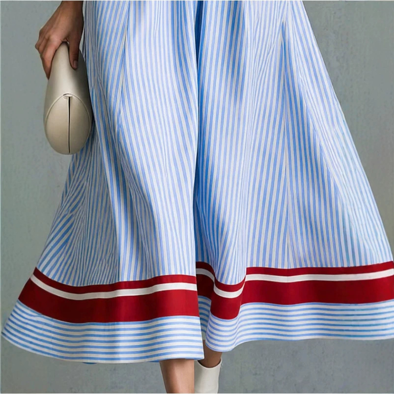 Retro Color-Block Blue Striped Long Sleeve Dress