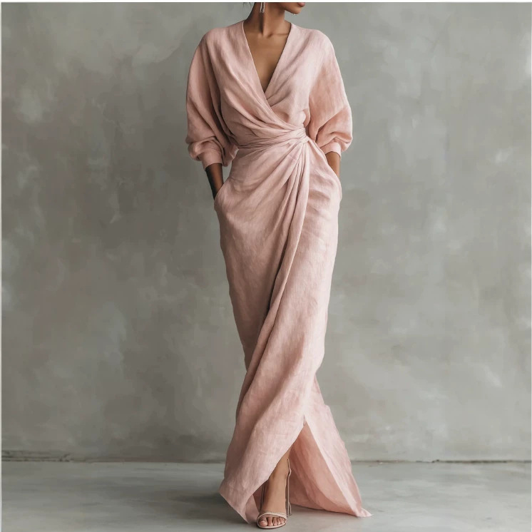 Women's Long Sleeve V-Neck Maxi Dress Solid Color Pleated A-Line Casual