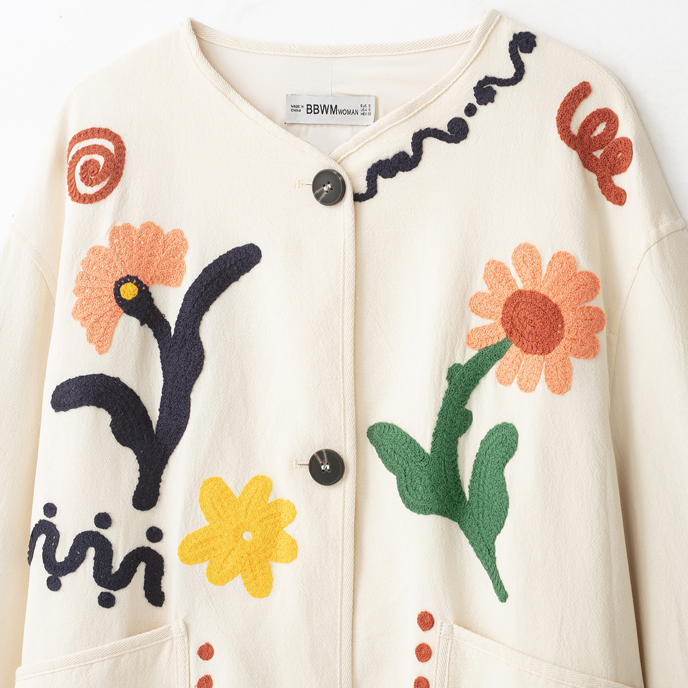 Women's Floral Embroidered Crewneck Jacket Coat
