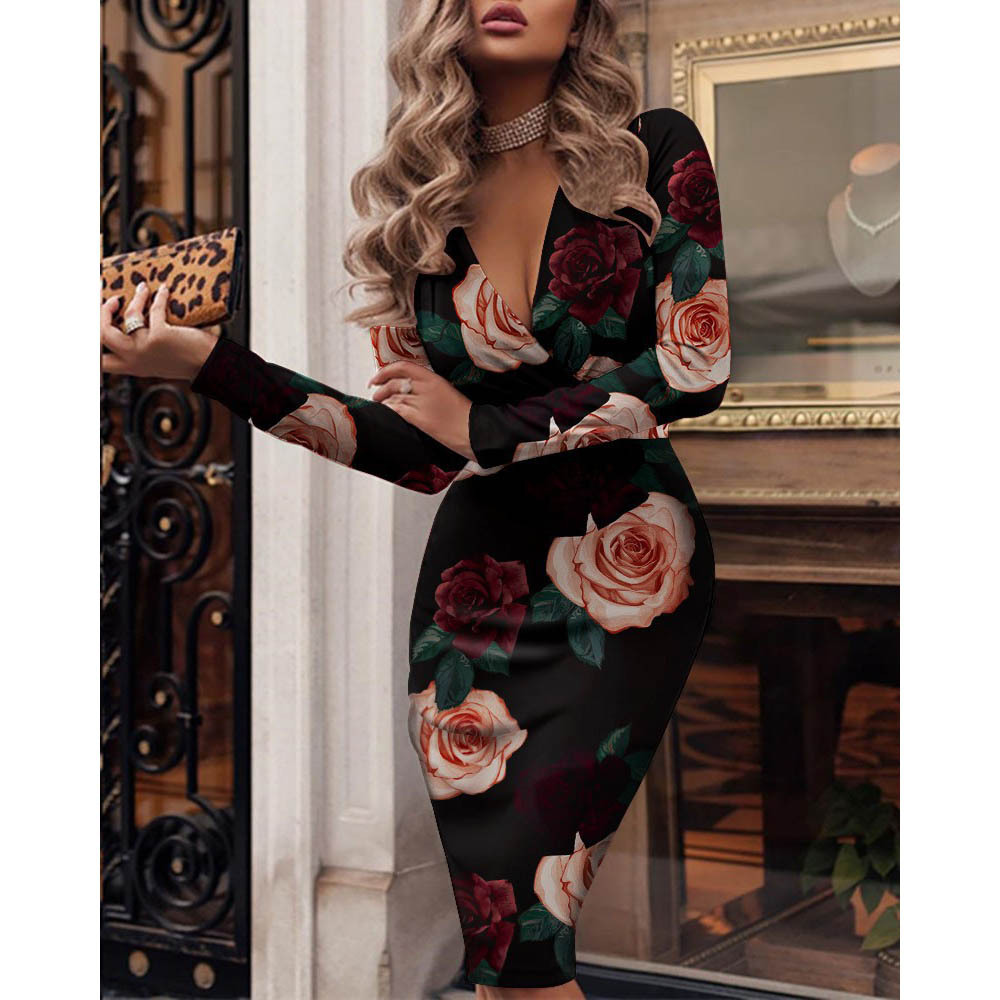 Women's Long Sleeve V-Neck Bodycon Floral Print Dress