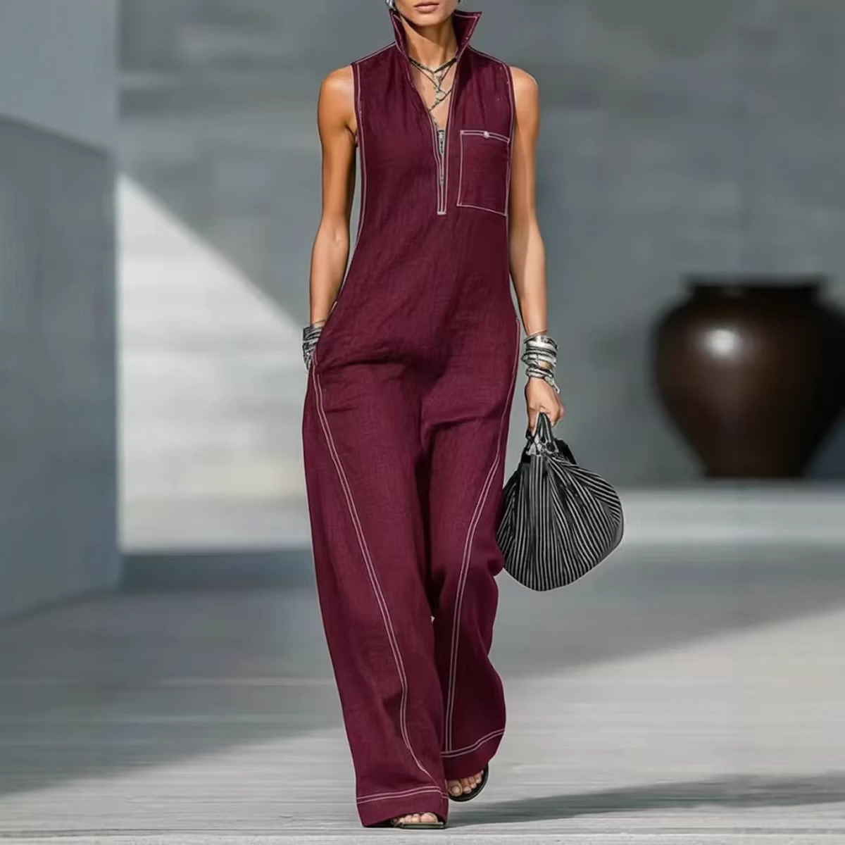 Women's Sleeveless Stand Collar Loose Cotton-Linen Jumpsuit