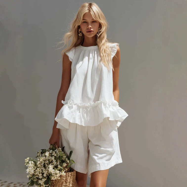 Women's White Ruffle Cami and Mid-Thigh Shorts Cotton Set