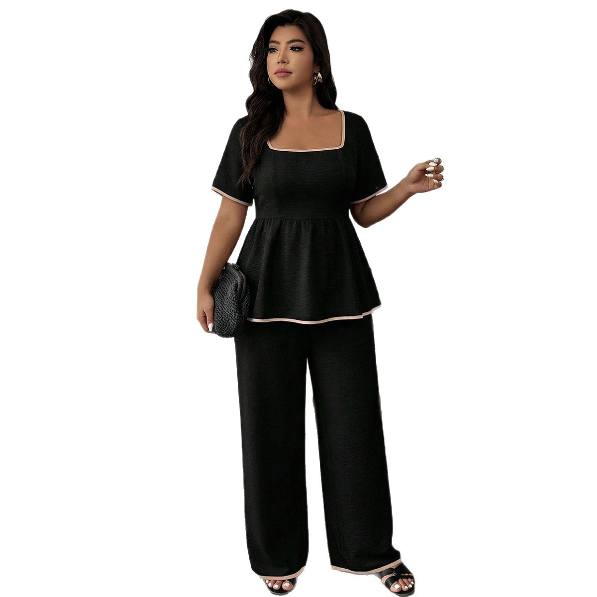 Women's Summer Black Square-Neck Peplum Top & Wide-Leg Pants Set