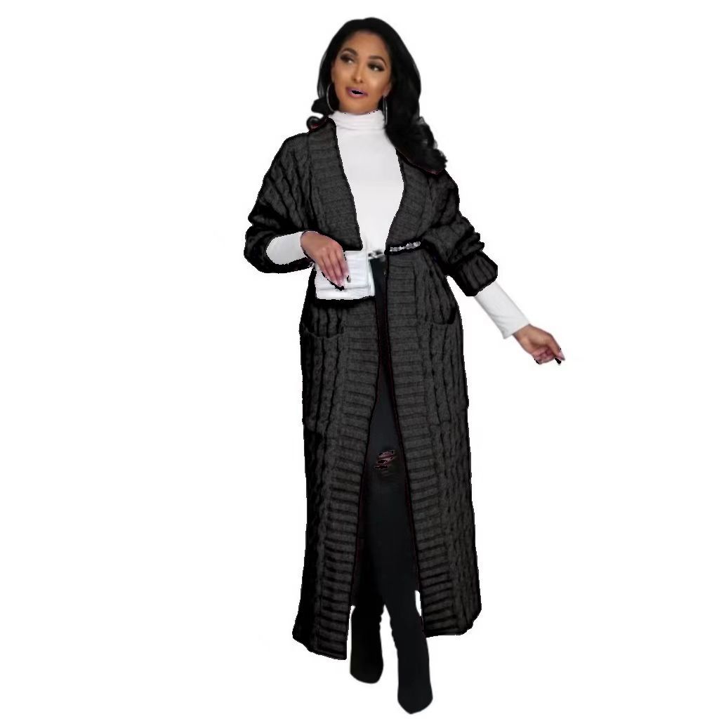 Cable-Knit Open-Front Long Cardigan with Pockets