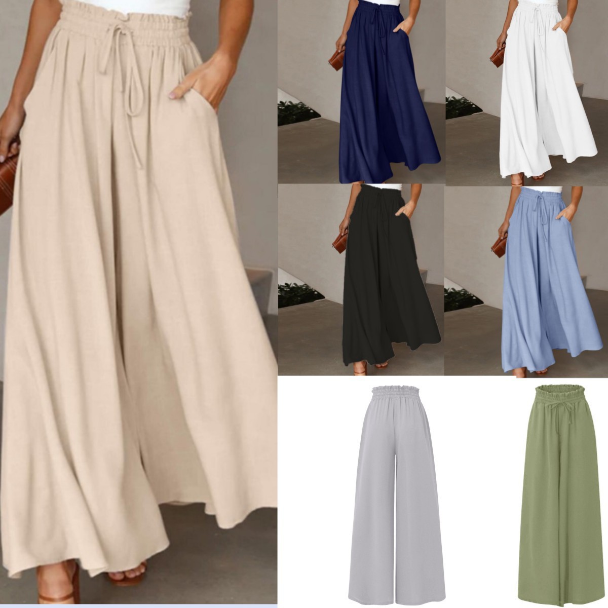 Women's High-Waist Wide-Leg Pants with Elastic Waistband