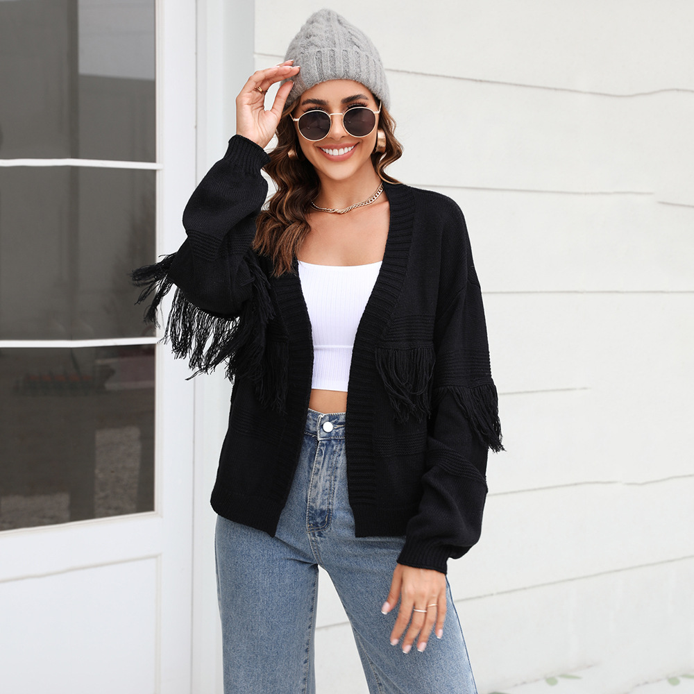 Women's Short Knit Cardigan with Fringe Trim