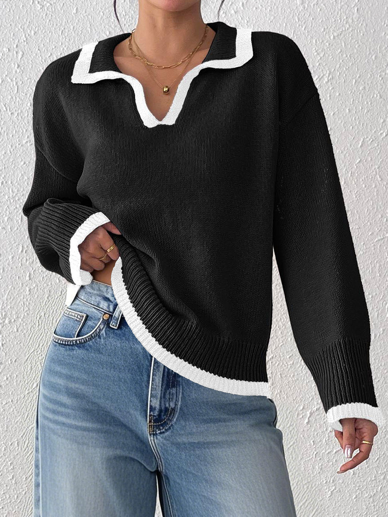 Women's Color-Block Polo Collar Pullover Sweater