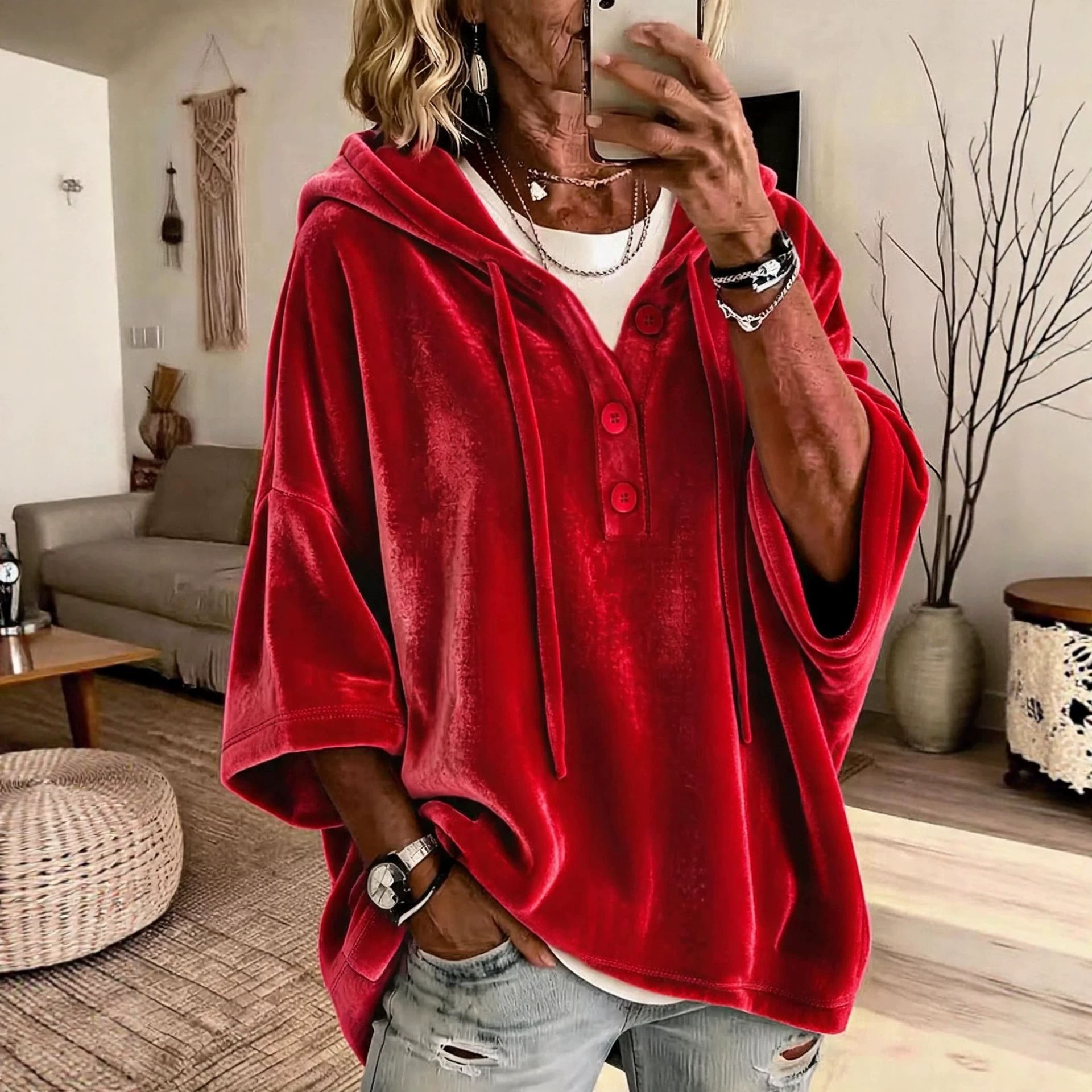 Women's Solid Color Gold Velvet 3/4 Sleeve Top